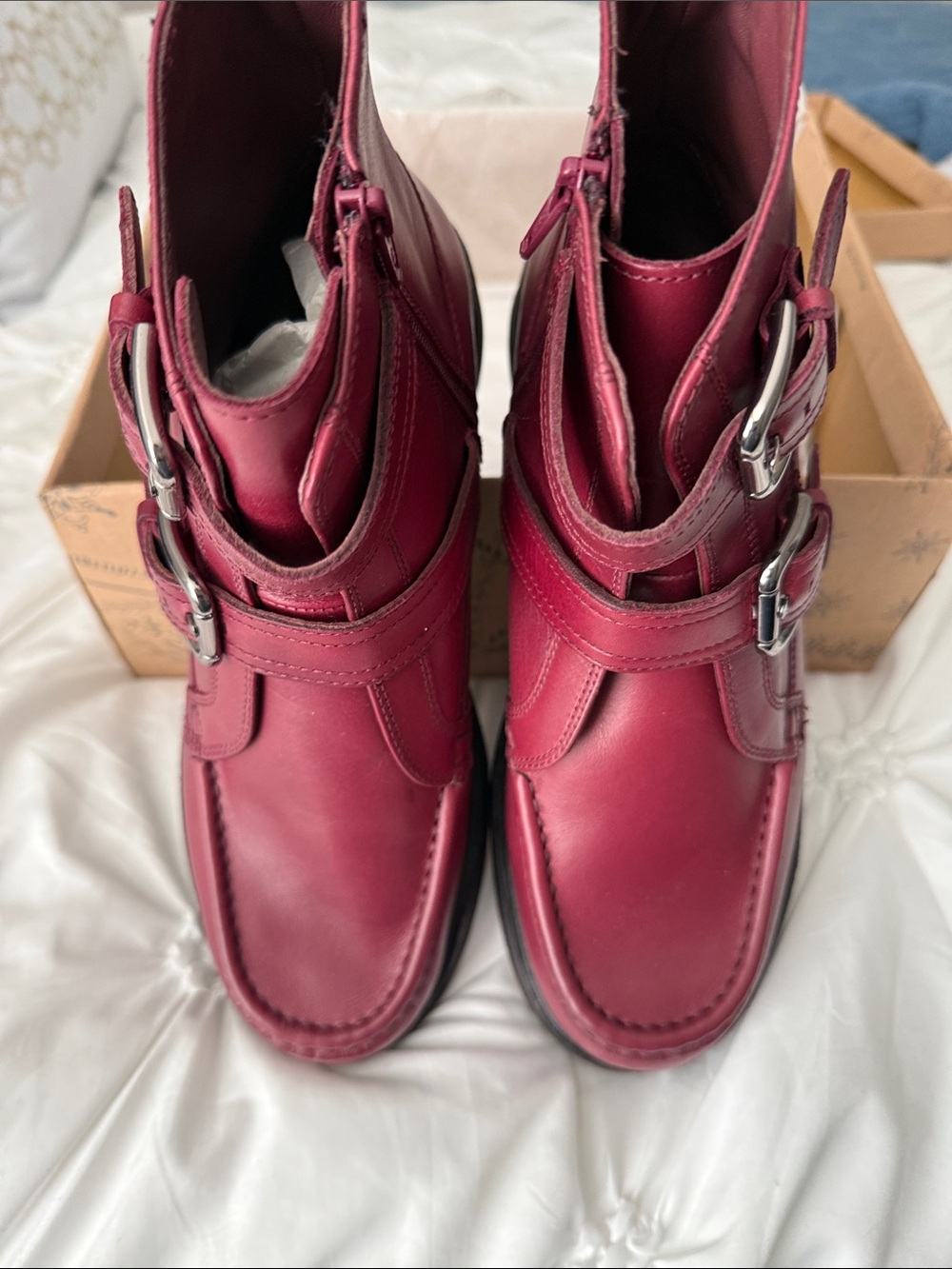 Free People Moto Ankle Boots in Deep Mulberry